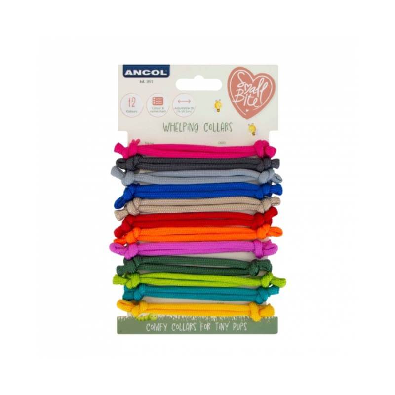 Ancol Soft Rope Whelping Collars 12 Pack, adjustable, displayed on branded Ancol card.