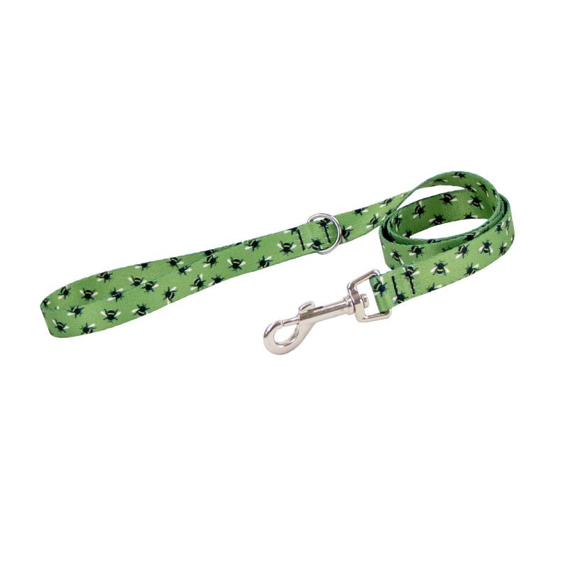 Ancol Bee Dog Lead by Ancol in green with black & white paw prints, silver metal clip.