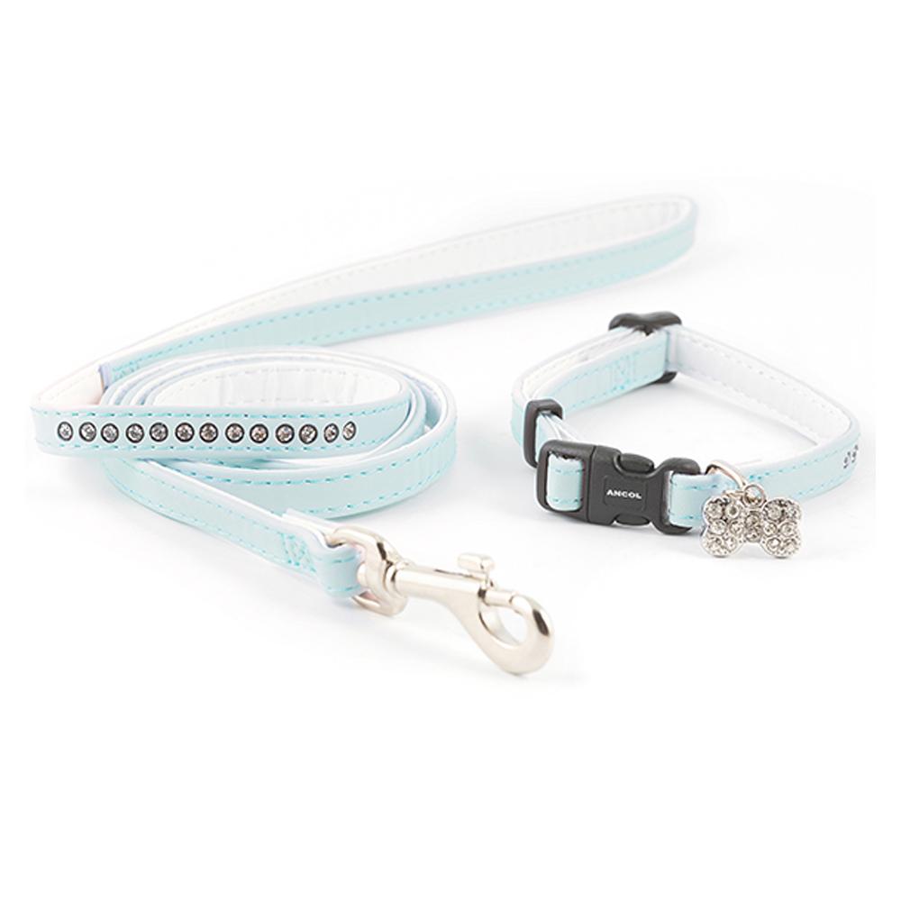 Ancol Puppy Collar & Lead Set Deluxe: light blue with rhinestones, for stylish small dogs.