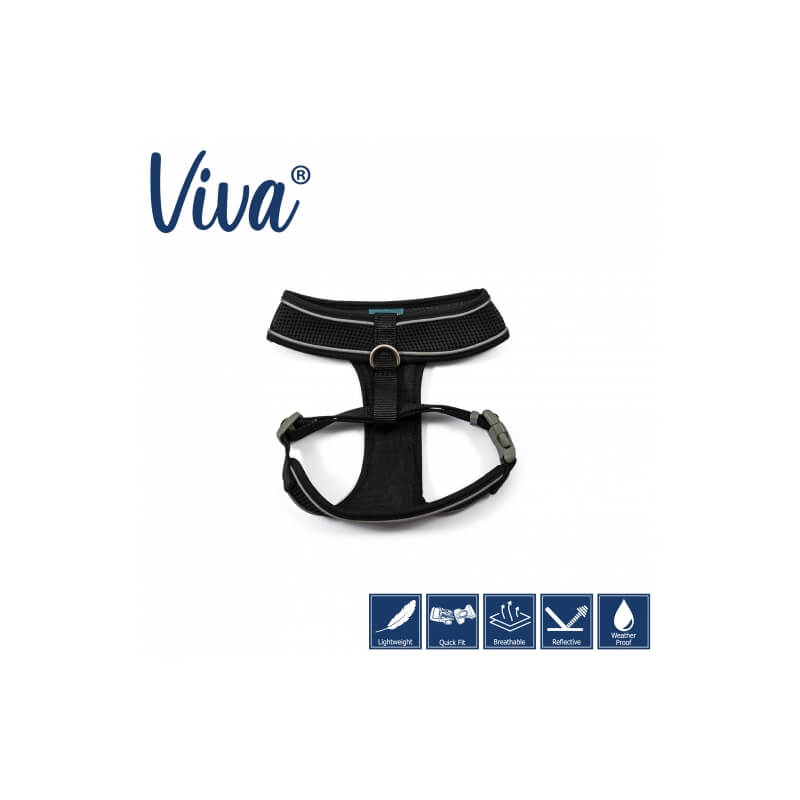 Ancol Viva Comfort Dog Harness in black, featuring brand logo and icons below.