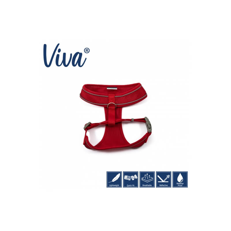 Ancol Viva Comfort Dog Harness Red with logo and icons on a white background.