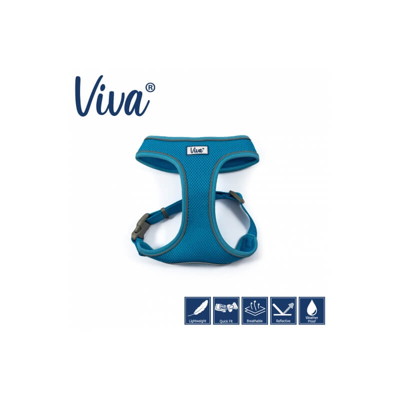 Ancol Viva Comfort Dog Harness Blue features logo, icons, and is breathable and water resistant.