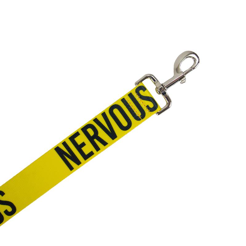 Ancol Awareness Lead NERVOUS 40mm in yellow with bold black NERVOUS text and metal clip.
