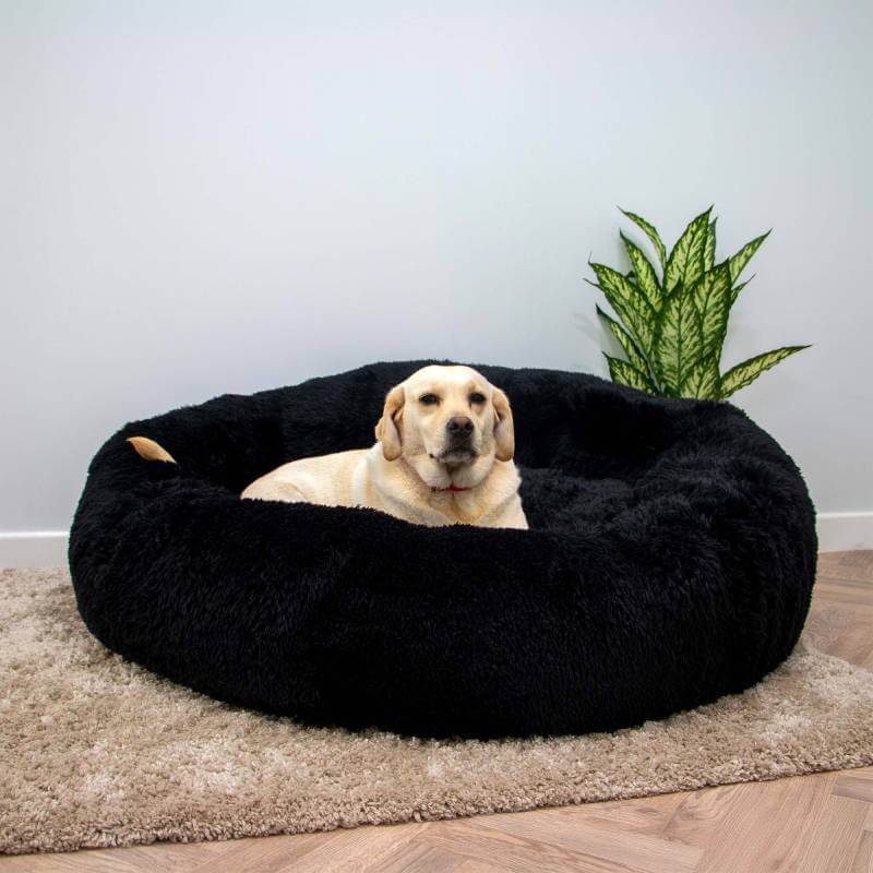 Ancol Giant Super Plush Donut Bed 130cm Black—round, fluffy, soft, and cozy for dogs.