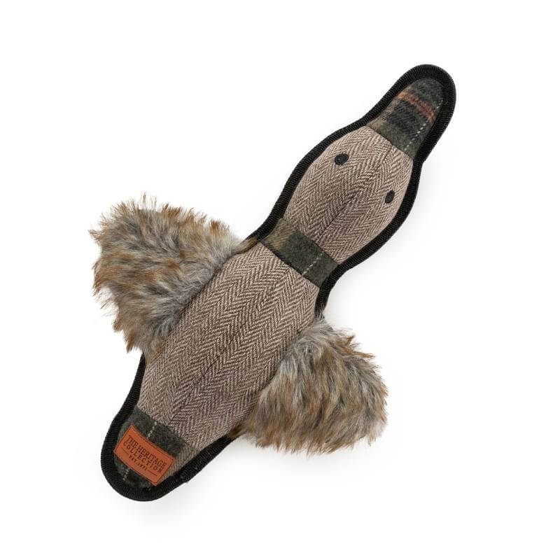 Ancol Heritage Tweed Duck plush dog toy with faux fur wings and herringbone body.
