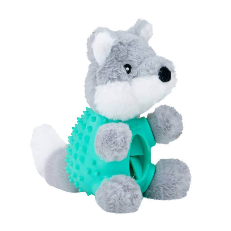 Ancol Orva Wolf Ball Belly is a plush gray dog toy with a teal textured rubber ring.