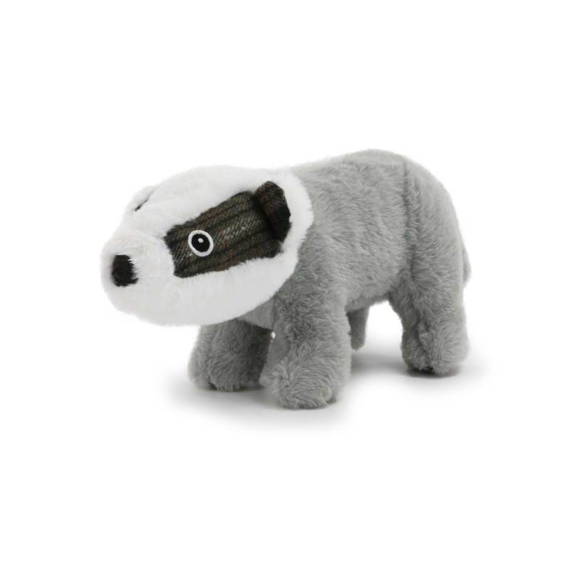 Ancol Heritage Badger plush dog toy by Ancol with grey body and white-and-black face.
