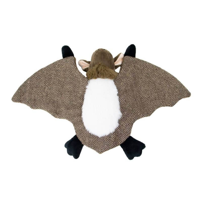 Ancol Heritage Barnaby Bat Midi: Eco toy with brown wings, white belly & black feet, top view.