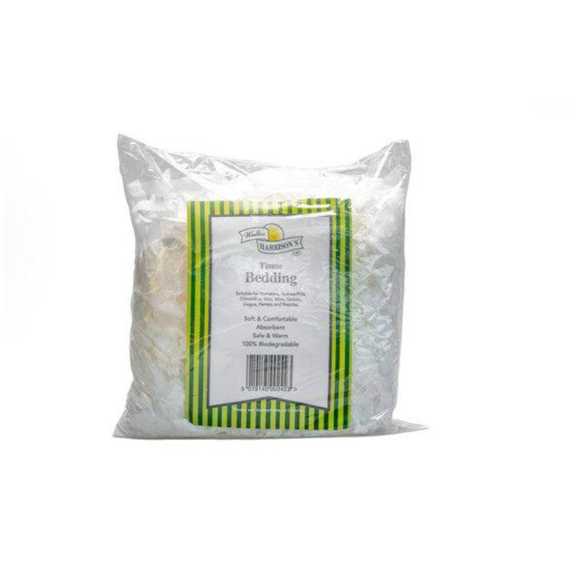 A clear bag of Harrisons Small Animal Tissue Bedding Small with a green-striped label.