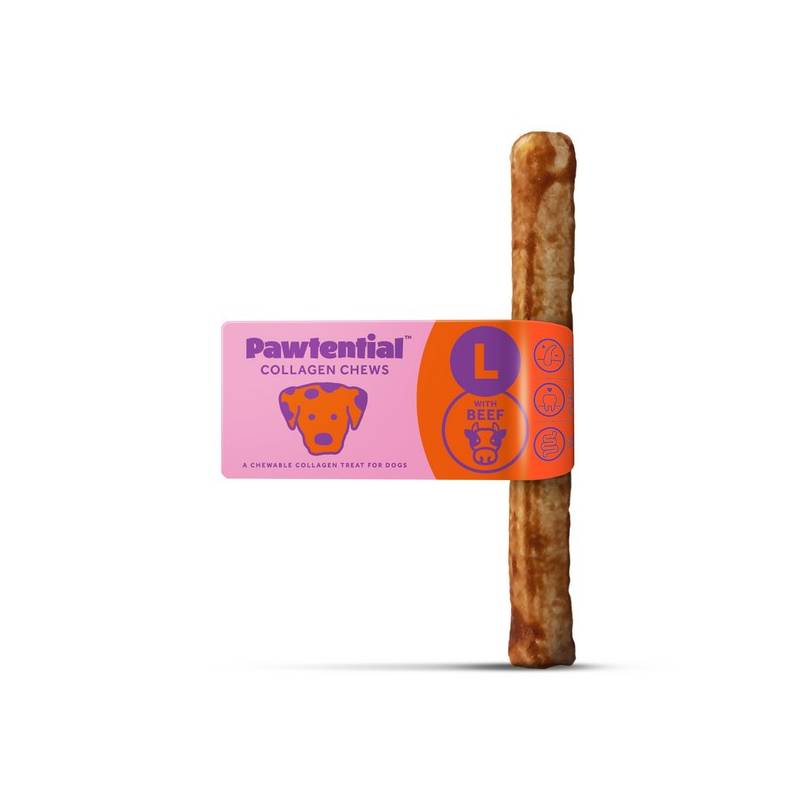 Pawtential Collagen Dog Chew Large is a rawhide alternative that supports joint health.