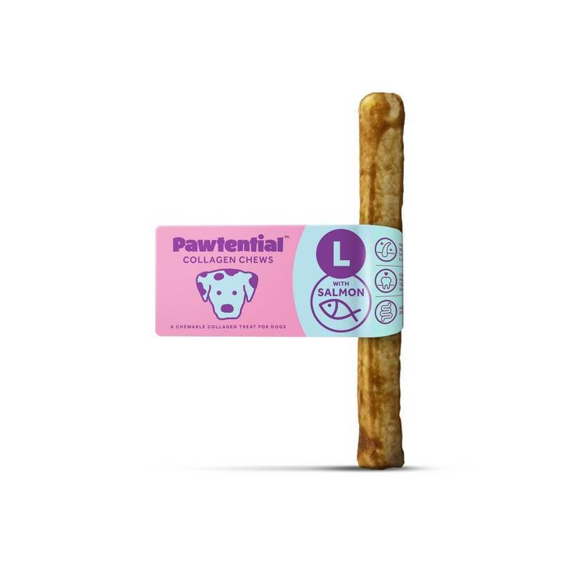 Pawtential Collagen Dog Chew Large supports joints; comes in pink and purple packaging.
