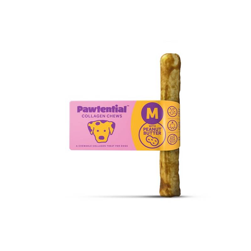 Pawtential Collagen Dog Chew Medium, peanut butter flavor, in pink/yellow packaging.