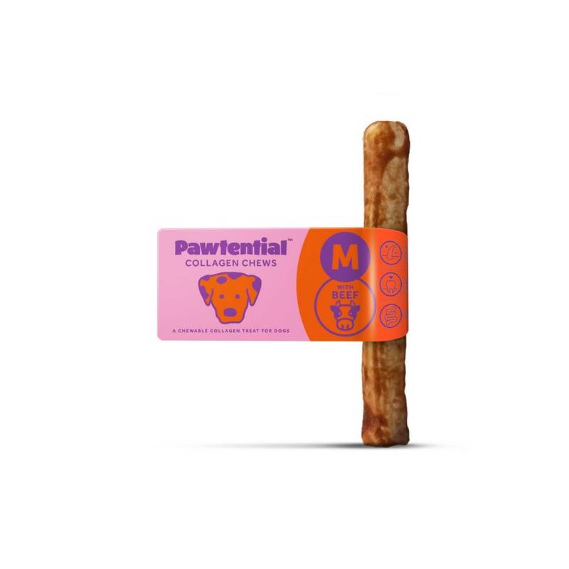 Pawtential Collagen Dog Chew Medium is a rawhide-free treat in pink and orange packaging.