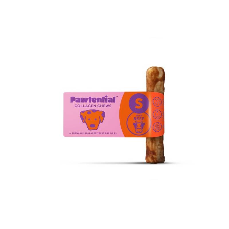 Pawtential Collagen Dog Chew Small, rawhide alternative, pink & orange pack.