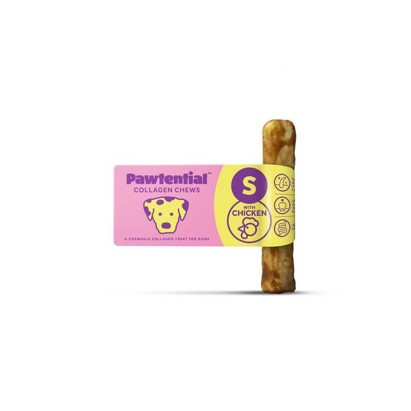 Pawtential Collagen Dog Chew Small, chicken flavor, for joint health in pink-yellow packaging.