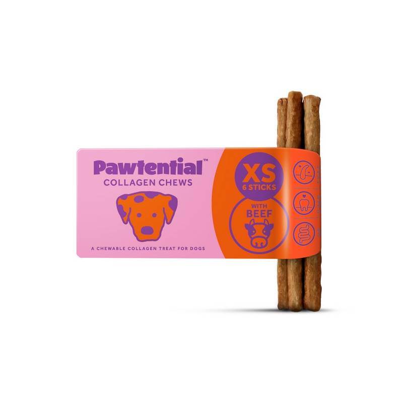 Two Pawtential Collagen Dog Chew XS 6 Sticks in pink and yellow packaging.