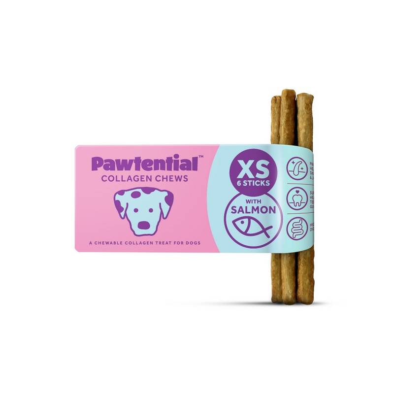 Pawtential Collagen Dog Chew XS, 6 salmon-flavored rawhide-free sticks for dogs.
