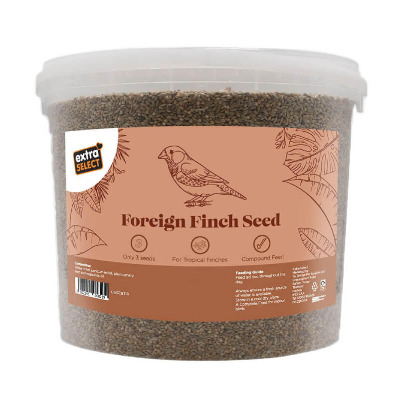 Extra Select Foreign Finch Seed Bucket 3Ltr with illustrated bird and leaves on the label.