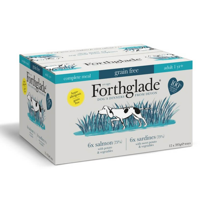Forthglade Complete Bulk: grain free salmon & sardine dog food variety pack for adult dogs.