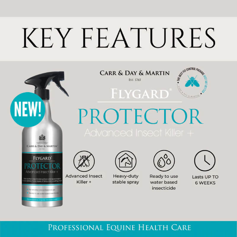 Carr & Day & Martin Flygard Protector 1Ltr bottle with icons for equine health care benefits.