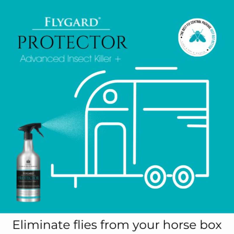 Spray bottle, horse outline; text: eliminate flies with Carr Day Martin Flygard Protector 1Ltr.