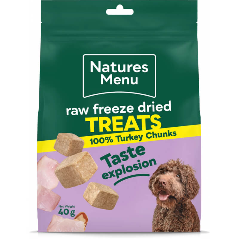 Natures Menu Freeze Dried Meat Chunks 40g bag, plus a chicken meal topper for dogs.