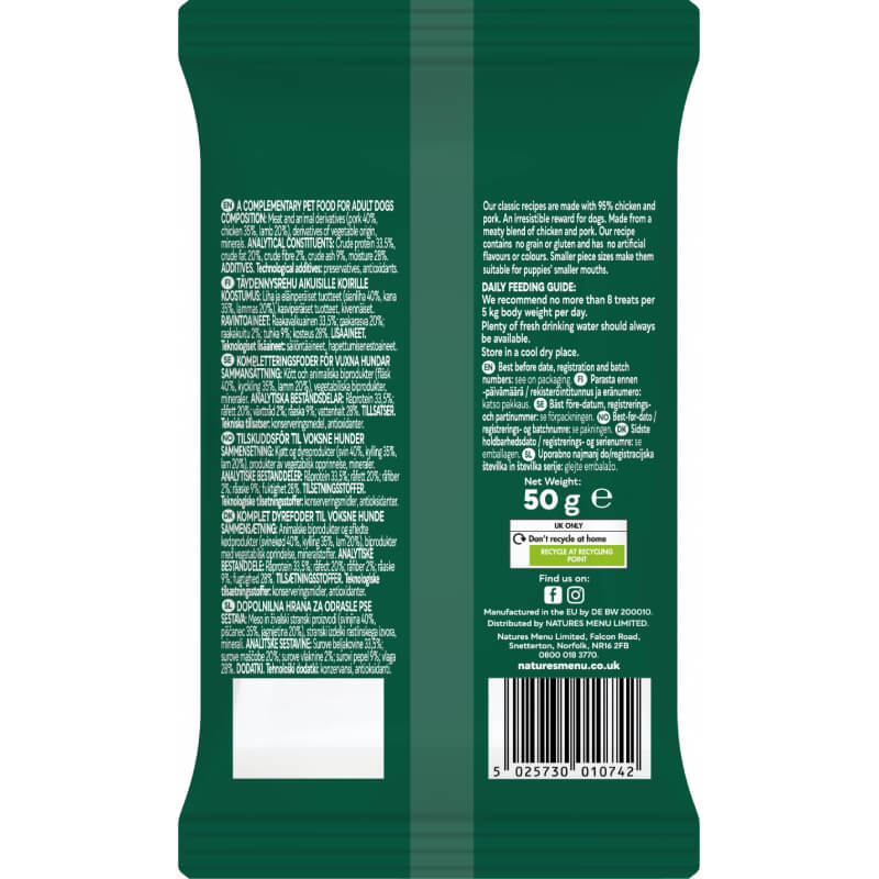 Back of green Natures Menu Meaty Treats Chicken & Lamb pack with ingredients and feeding guide.