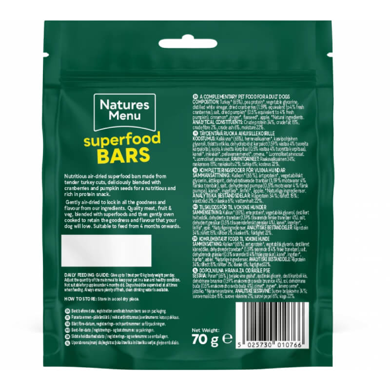 Back of Natures Menu CH Superfood Bars 70g packet with feeding guidelines and info.