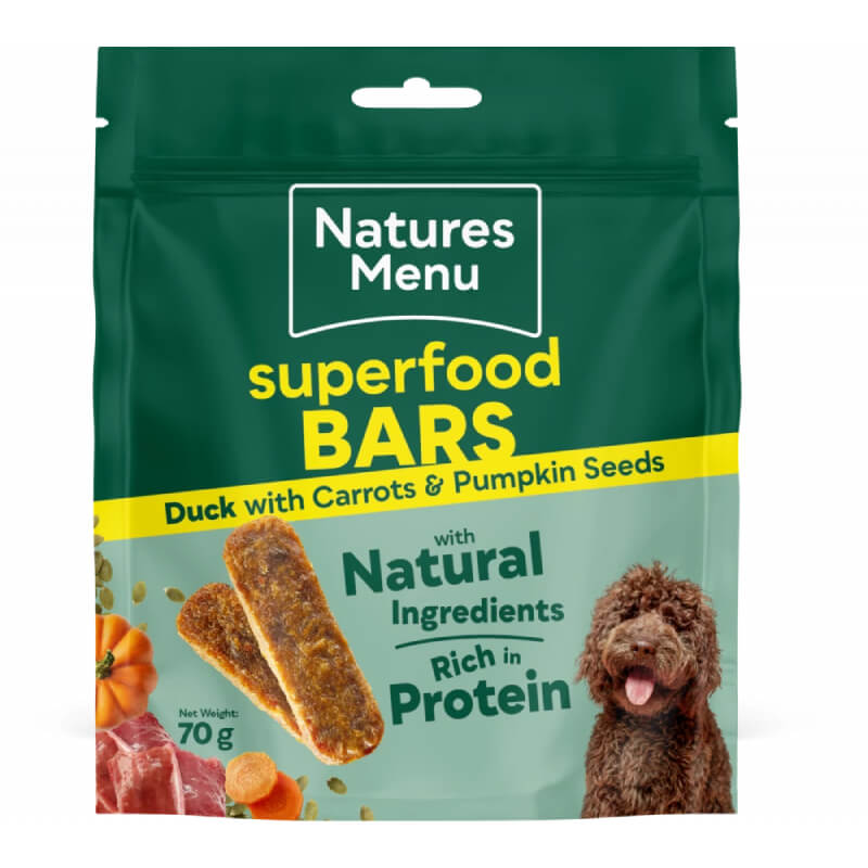 Natures Menu CH Superfood Bars 70g—natural duck, carrot & pumpkin seed dog treats.