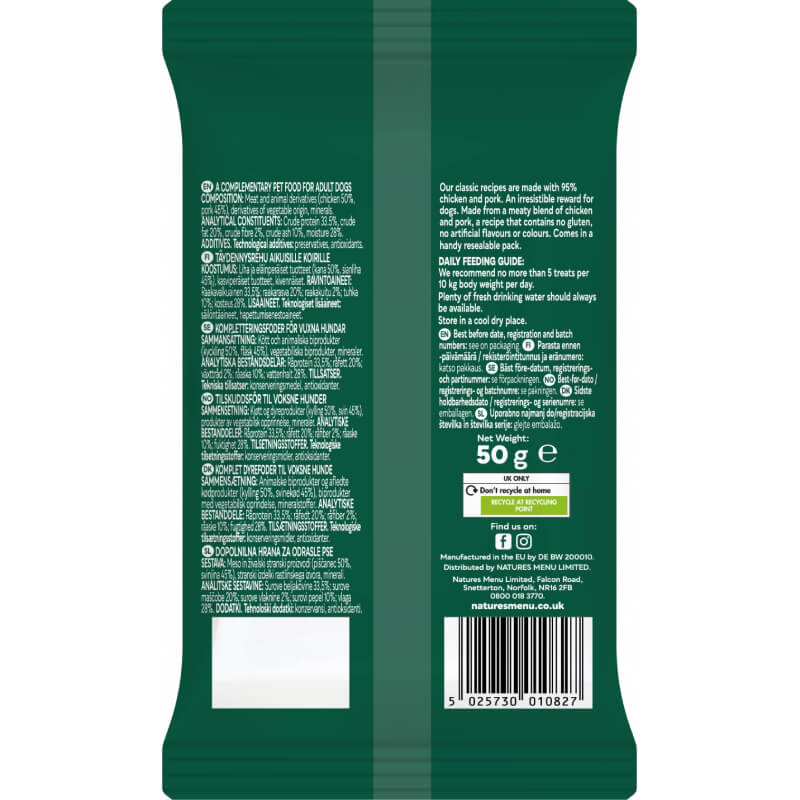 Green Natures Menu pack with Meaty Treats Chicken and white feeding instructions for dogs.