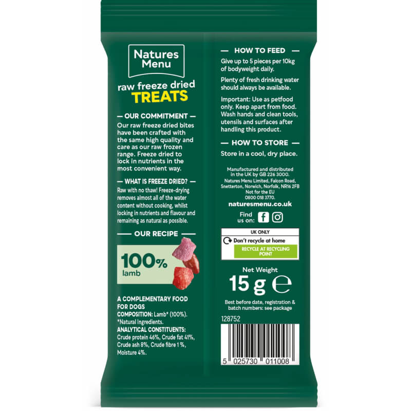 Natures Menu Freeze Dried Meat Bites 15g, green pack for dogs, with feeding information.