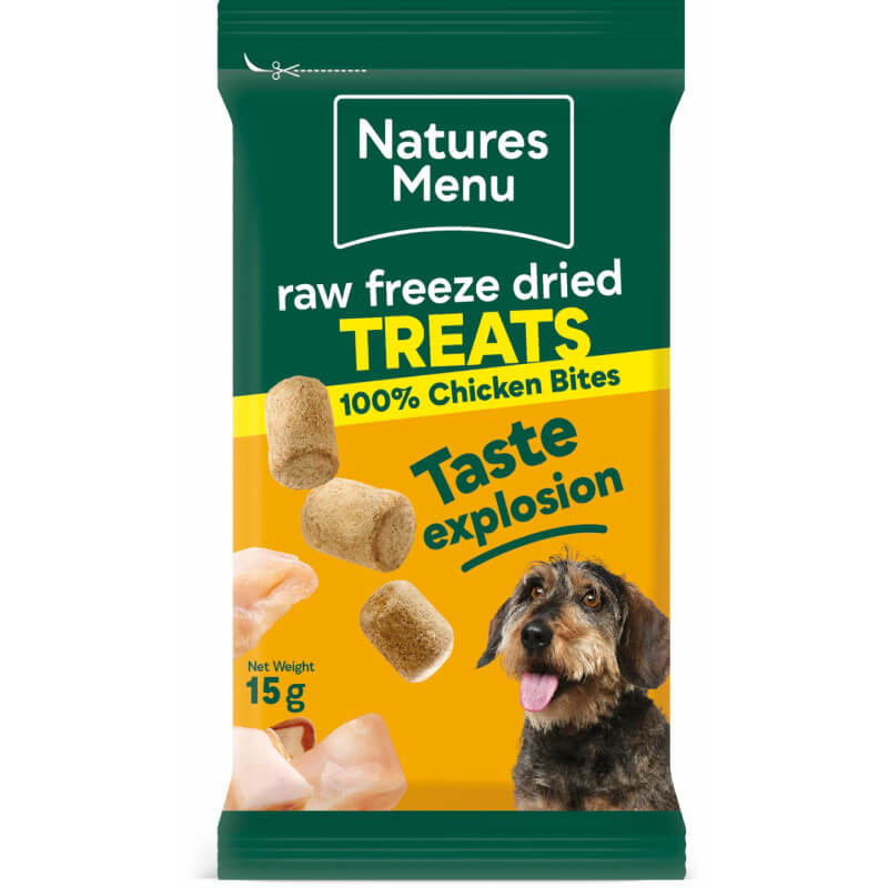 A packet of Natures Menu Freeze Dried Meat Bites 15g with a photo of a dog.