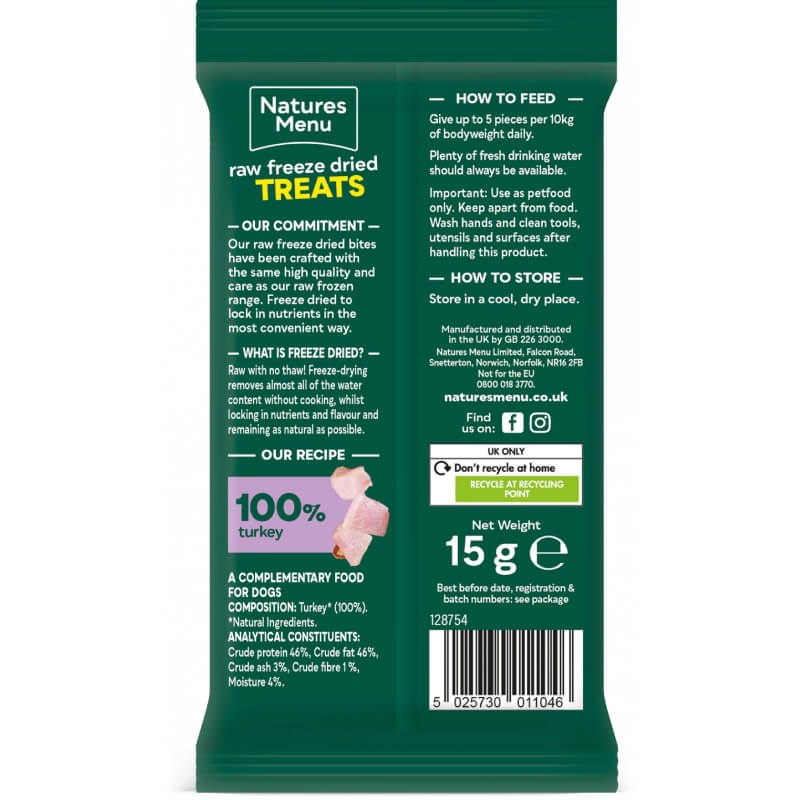 Back of Natures Menu Freeze Dried Meat Bites 15g pack with text and instructions.