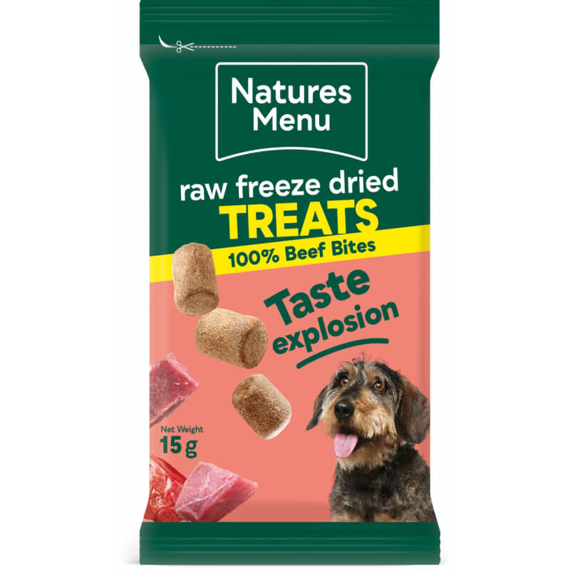 Natures Menu Freeze Dried Meat Bites 15g are natural dog treats with tasty beef pieces.