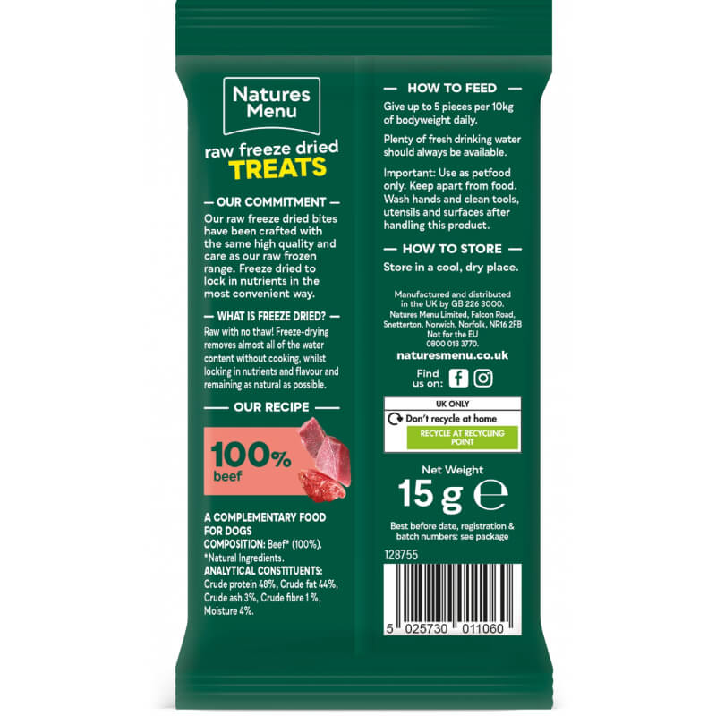 Natures Menu Freeze Dried Meat Bites 15g, beef dog treats with feeding instructions.