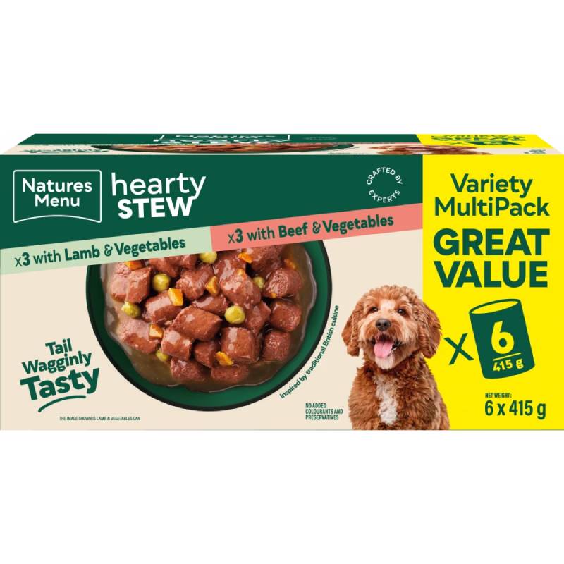 Natures Menu Hearty Stew Cans 6x415g, natural wet dog food with lamb, beef, and veggies.