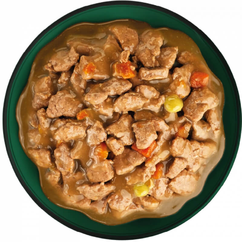 Natures Menu Hearty Stew Pouches 8x100g with chicken, turkey, veggies in gravy, top view.