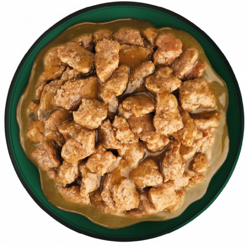 Natures Menu Hearty Stew Pouches 8x100g chicken & vegetable stew with gravy, top view.