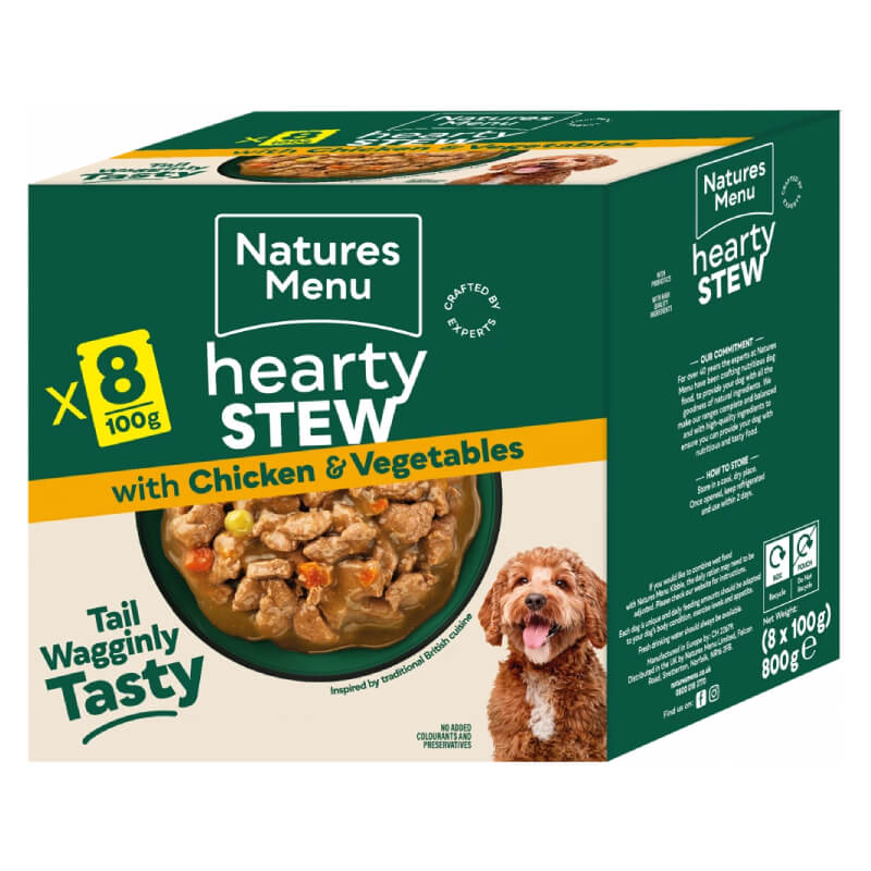 Natures Menu Hearty Stew Pouches 8x100g dog food with chicken and vegetables.