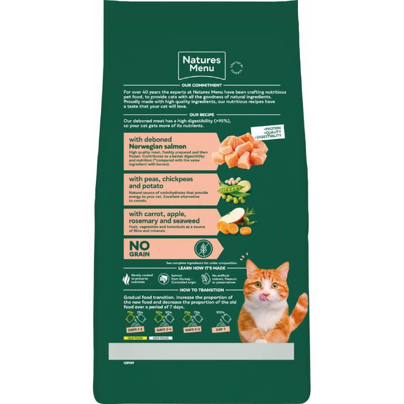 Natures Menu High in Meat No Grain Cat Food Salmon, features and ingredients, orange cat.