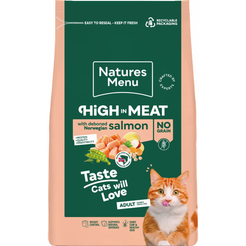 Natures Menu High in Meat No Grain Salmon Cat Food, features product info and orange cat on front.