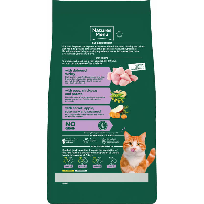 Natures Menu High in Meat No Grain Cat Food Turkey with ingredients and an orange-white cat.