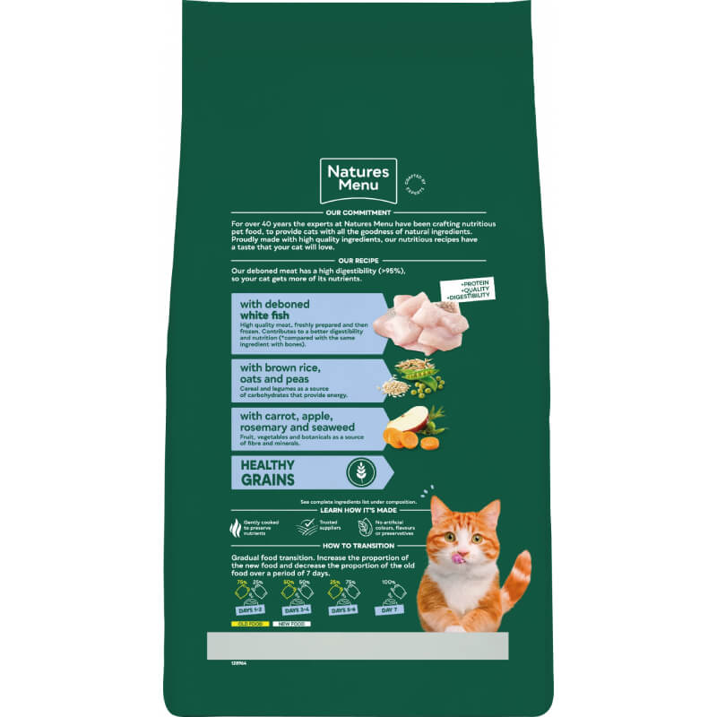 Natures Menu High in Meat Healthy Grains Cat Food White Fish with a ginger cat on green bag.