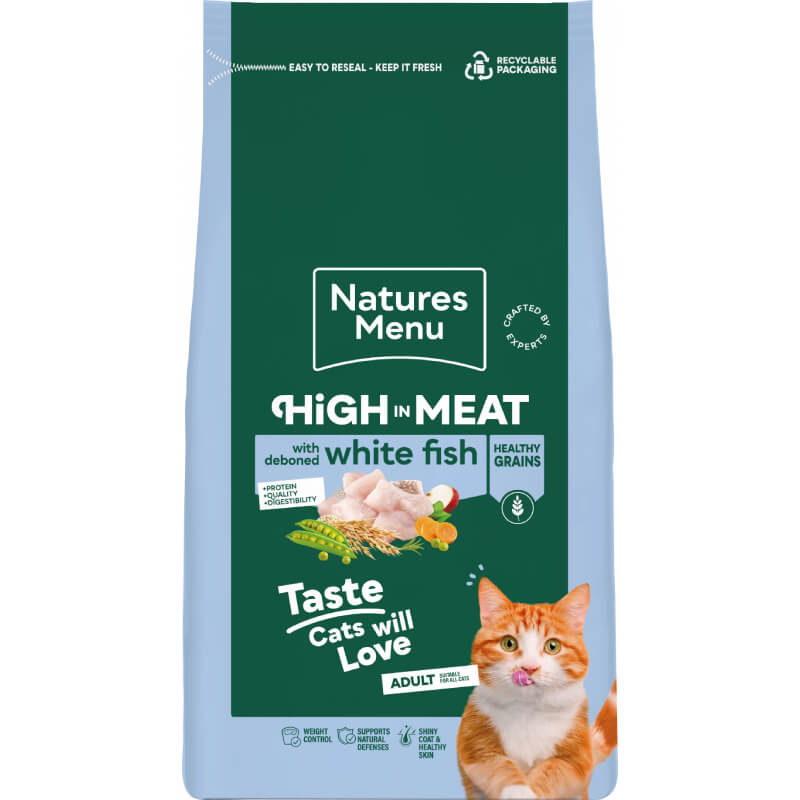 Natures Menu High in Meat Healthy Grains Cat Food White Fish bag with orange cat illustration.