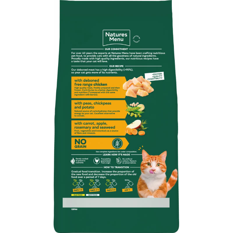 Natures Menu High in Meat No Grain Cat Food Chicken, with an orange cat on the bag.
