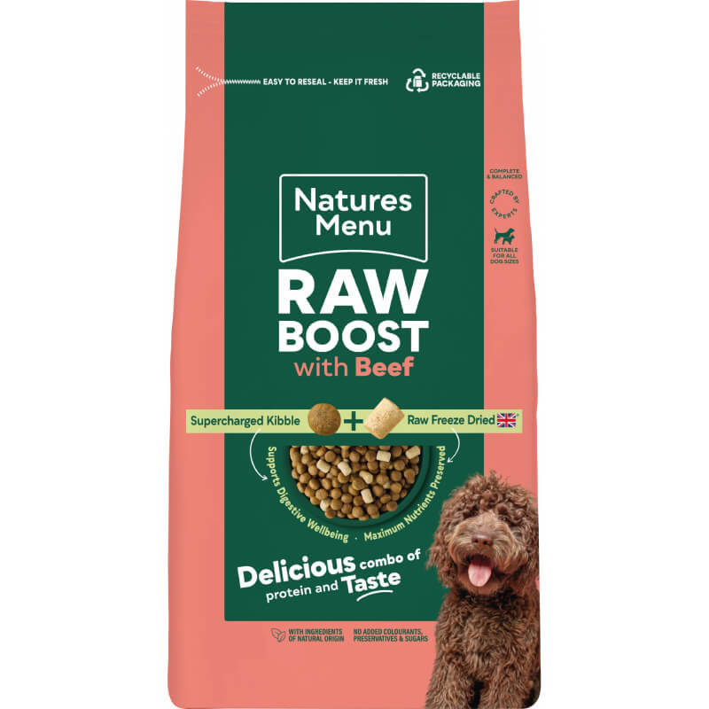 Natures Menu Raw Boost Complete Dog Food Beef, with kibble and a happy dog pictured on the bag.