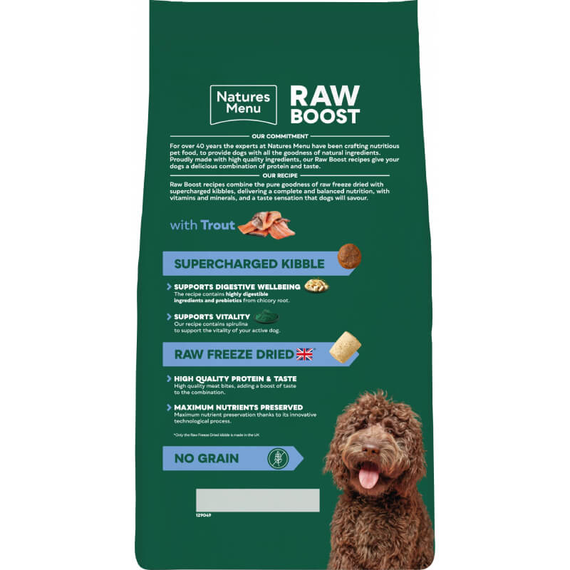 Natures Menu Raw Boost Complete No Grain Dog Food Trout & Fish bag with features and a dog below.