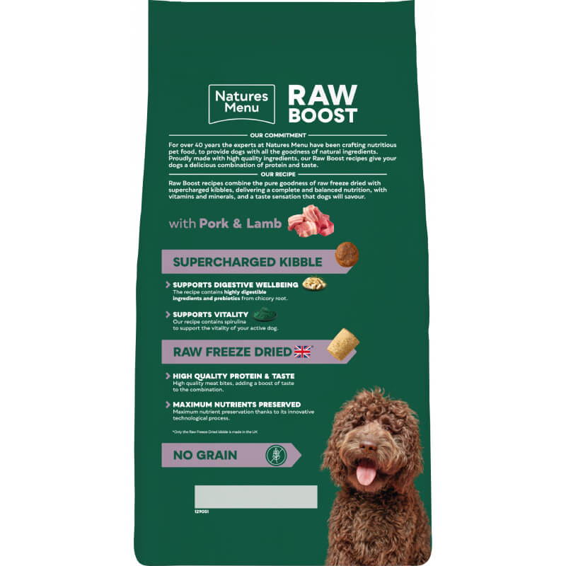 Natures Menu Raw Boost Complete No Grain Dog Food Pork & Lamb, benefits highlighted with dog image.