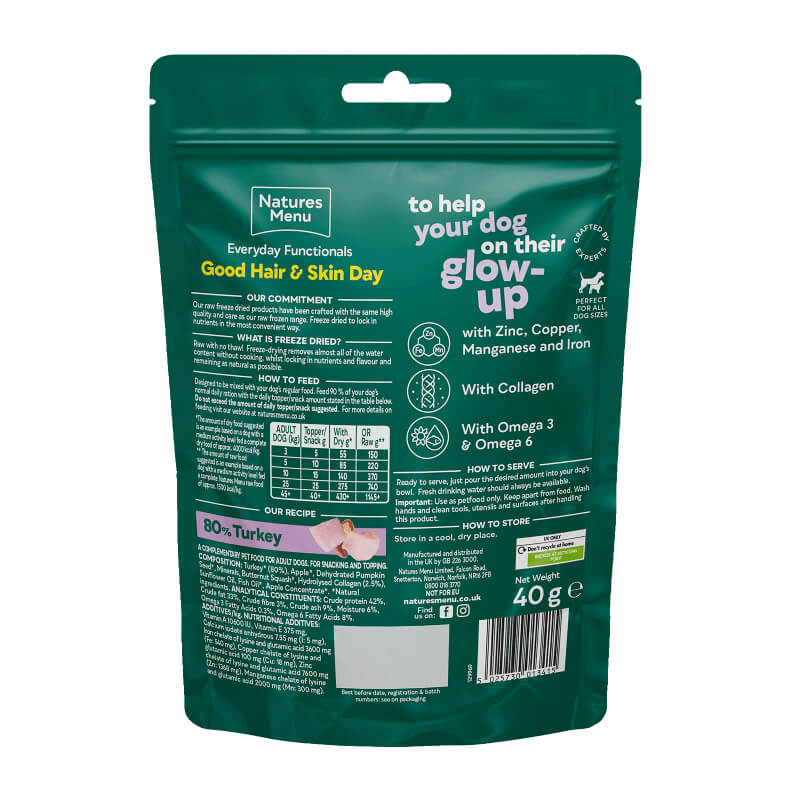 Natures Menu Good Hair & Skin Day 40g: grain-free dog treats with a cute dog illustration.