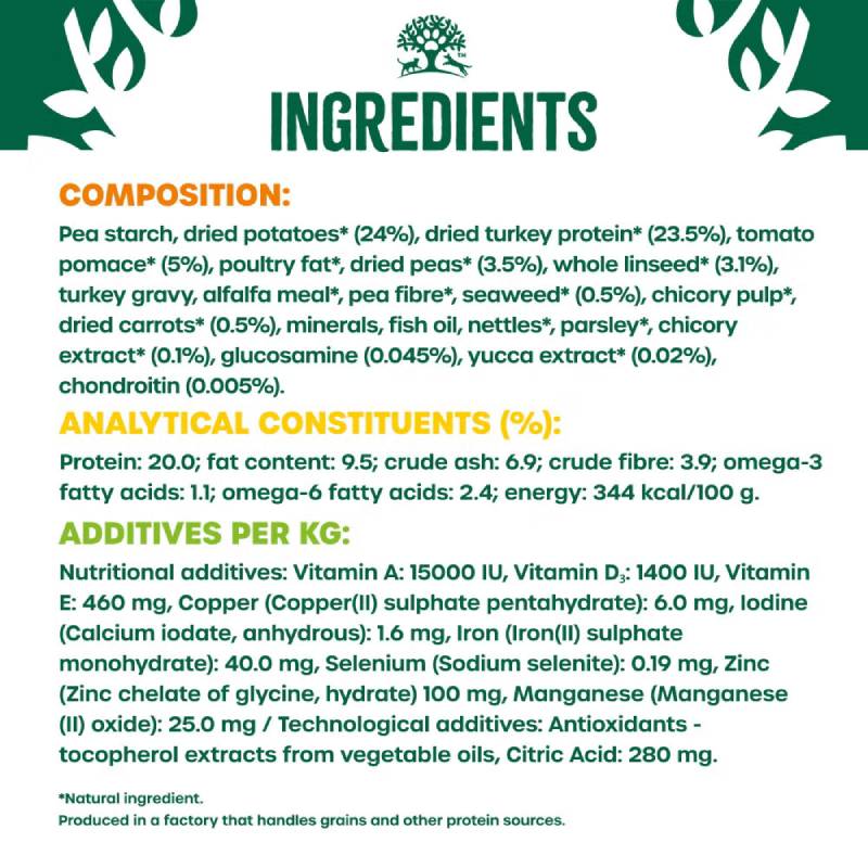 James Wellbeloved Turkey & Veg Senior ingredients and additives on a green background.